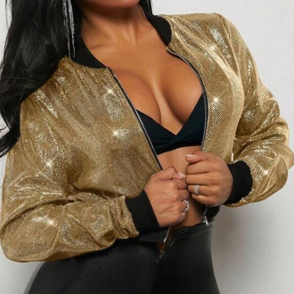 Metallic Gold Crop Bomber Jacket - Picture 1 of 5
